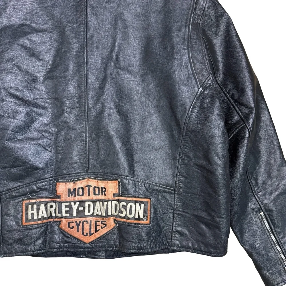 Vintage FMC black leather‎ motorcycle jacket with Harley Davidson patch XL